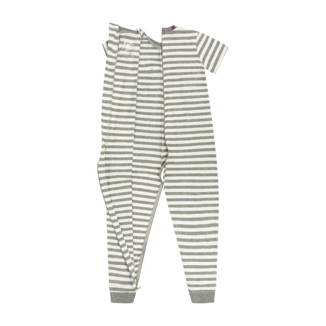 介護用子供服 オムツいじり対策 介護用つなぎパジャマ 半袖 長ズボン 弄便対策 カラー グレーボーダー STEELWINDOWSANDDOORS_COM