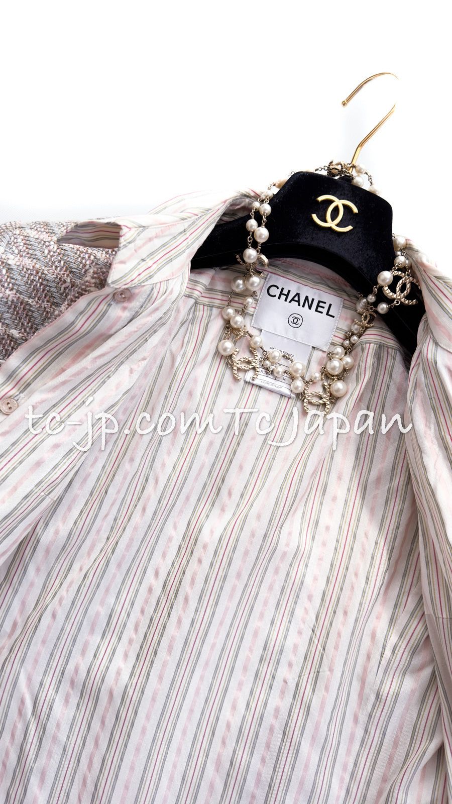 シャネル ジャケット CHANEL グレー アイボリー ピンク ストライプ ウール コットン ツイード 超美品 36