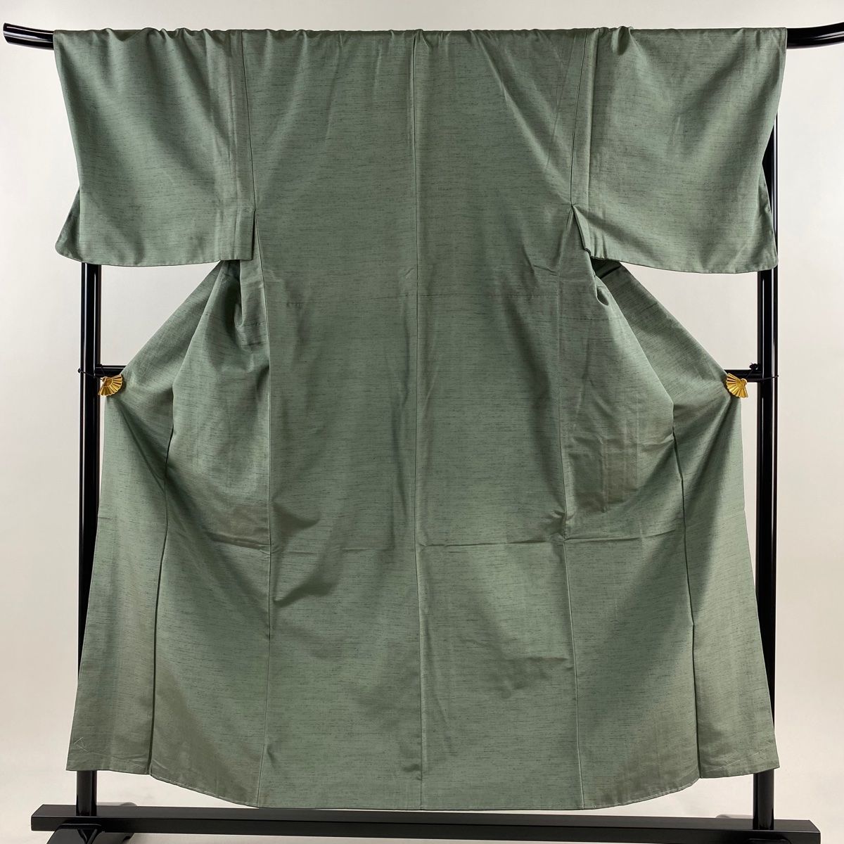 男着物 身丈154.5cm 裄丈72.5cm L 袷 紬地 灰緑 正絹 秀品