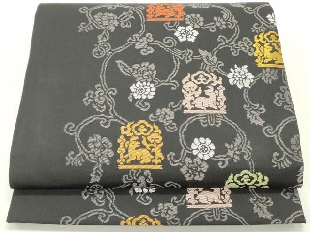 平和屋着物●九寸開き名古屋帯 名物裂 花兎 黒地 正絹 DAAY0194ob