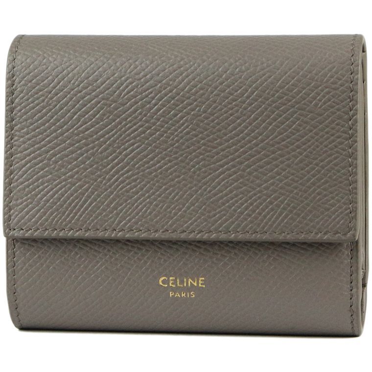 CELINE|セリーヌ スモール トリフォールド コンパクトウォレット|ミニウォレット|三つ折財布 グレインドカーフスキン ペブル グレー ×ゴールド金具 10B573BEL.10BL 品