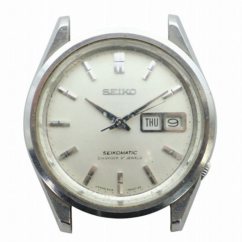 セイコー SEIKO MATIC DIASHOCK セイコーマチック ダイヤショック 腕時計 ウォッチ フェイスのみ 自動巻き 35石 デイデイト 王冠イルカ シルバー色 6218-8000 GY18 |MQ