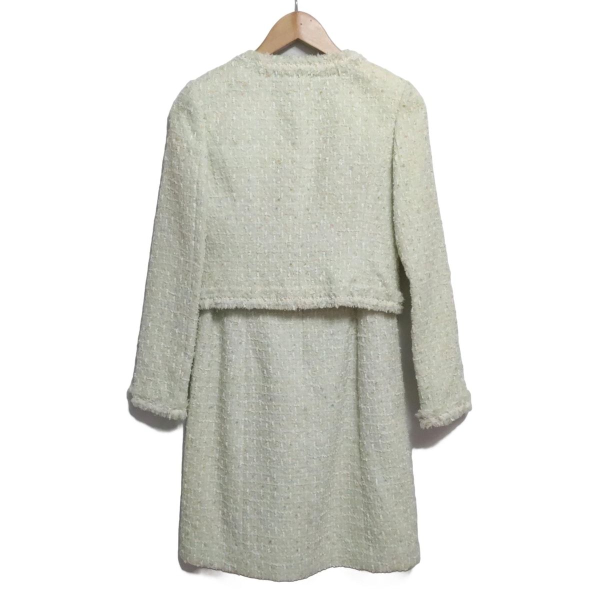 HARRODS ハロッズ ワンピーススーツ レディース - ライトグリーン×アイボリー×マルチ ツイード|パール|ラメ|コサージュ付き