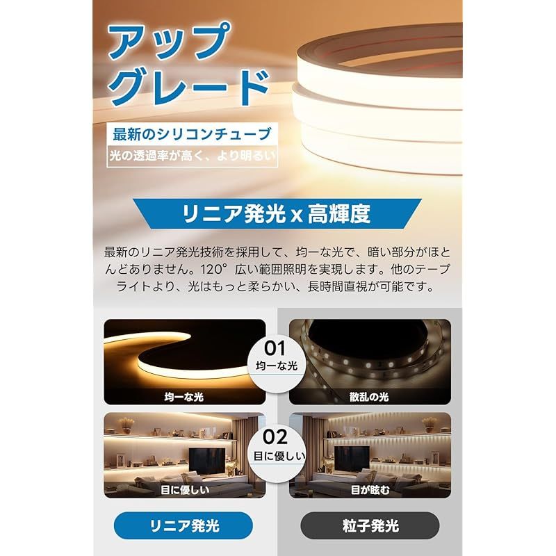 SPAHER LEDテープライト 高輝度 チューブライト 防水 リニア発光 シリコンチューブ ストリップライト ネオンライト 曲がりやすい 切断 取付け簡単 目に優しい 間接照明 DIY 飾り 100V 2025新開発 昼白色 10メートル 1