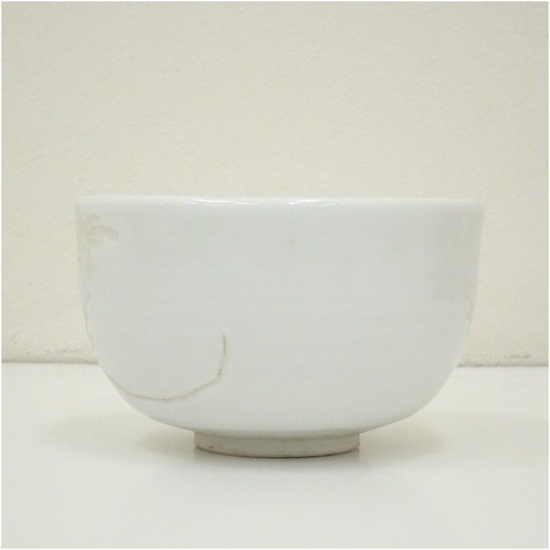出石焼 永澤永山造 白磁草花彫茶碗（共箱） 茶道 抹茶 おしゃれ