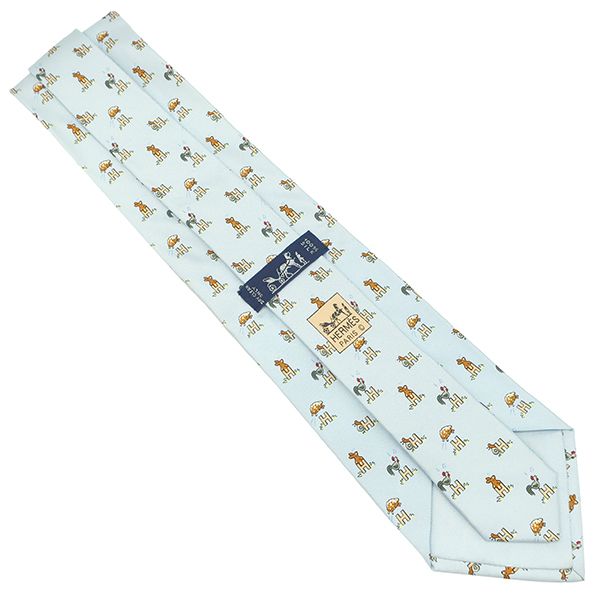 エルメス HERMES ネクタイ アニマル柄 9cm シルク ライトブルー×マルチ