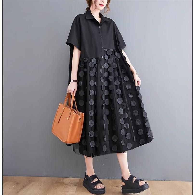 黒 ドット パターン 半袖 ロング ワンピース かぐれドット柄 半袖