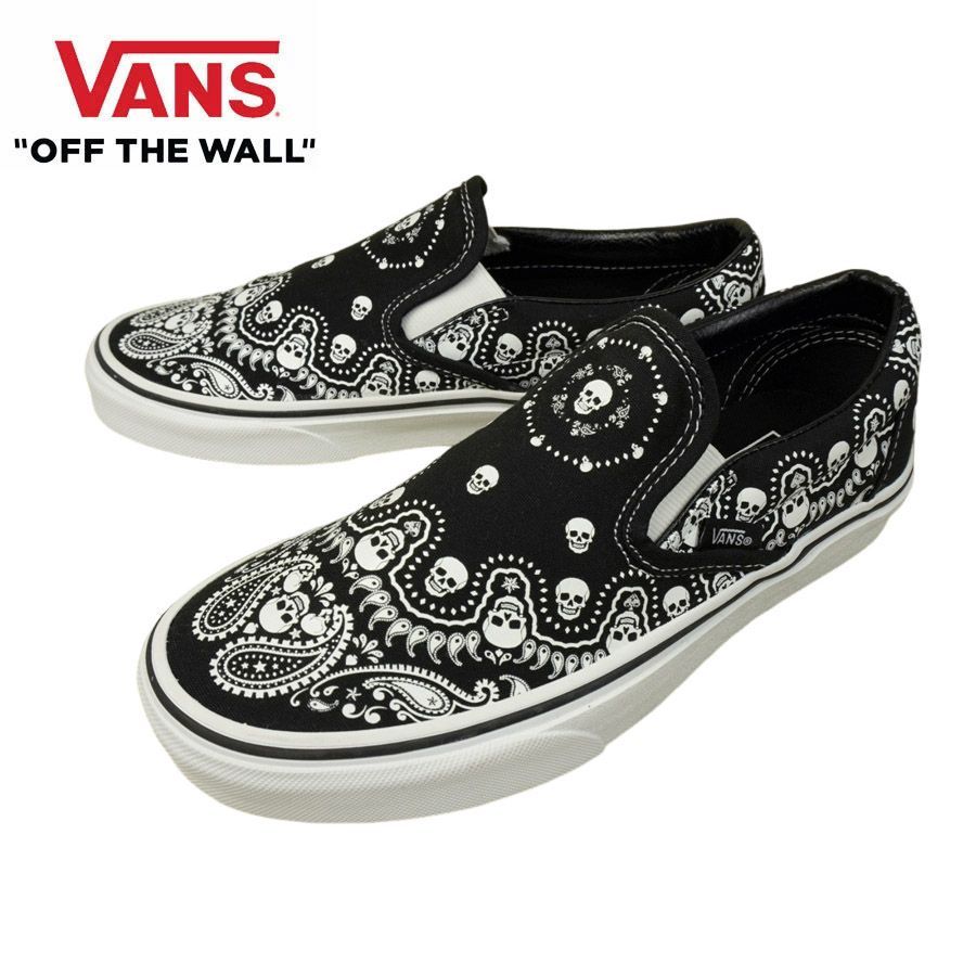 ヴァンズ バンズ VANS 箱なし CLASSIC SLIP ON スリッポン スリップオン BANDANA BLACK|TRUEWHITE バンダナ ブラック|トゥルーホワイト 黒 ペイズリー ストリート スカル 骸骨 ドクロ メンズ レディース