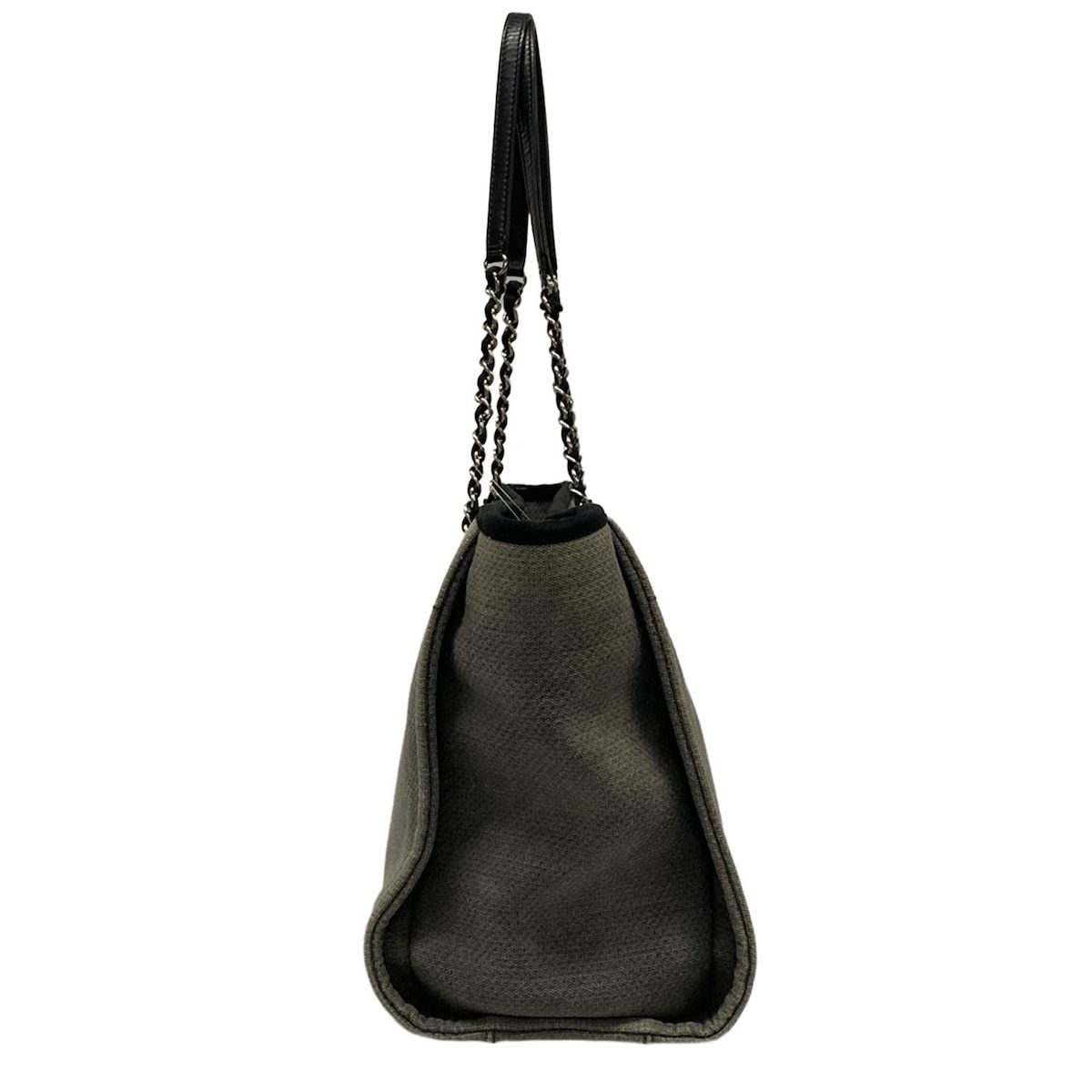 CHANEL シャネル トートバッグ ドーヴィルラインMM ダークグレー×黒×白 チェーンショルダー シルバー金具 レザー