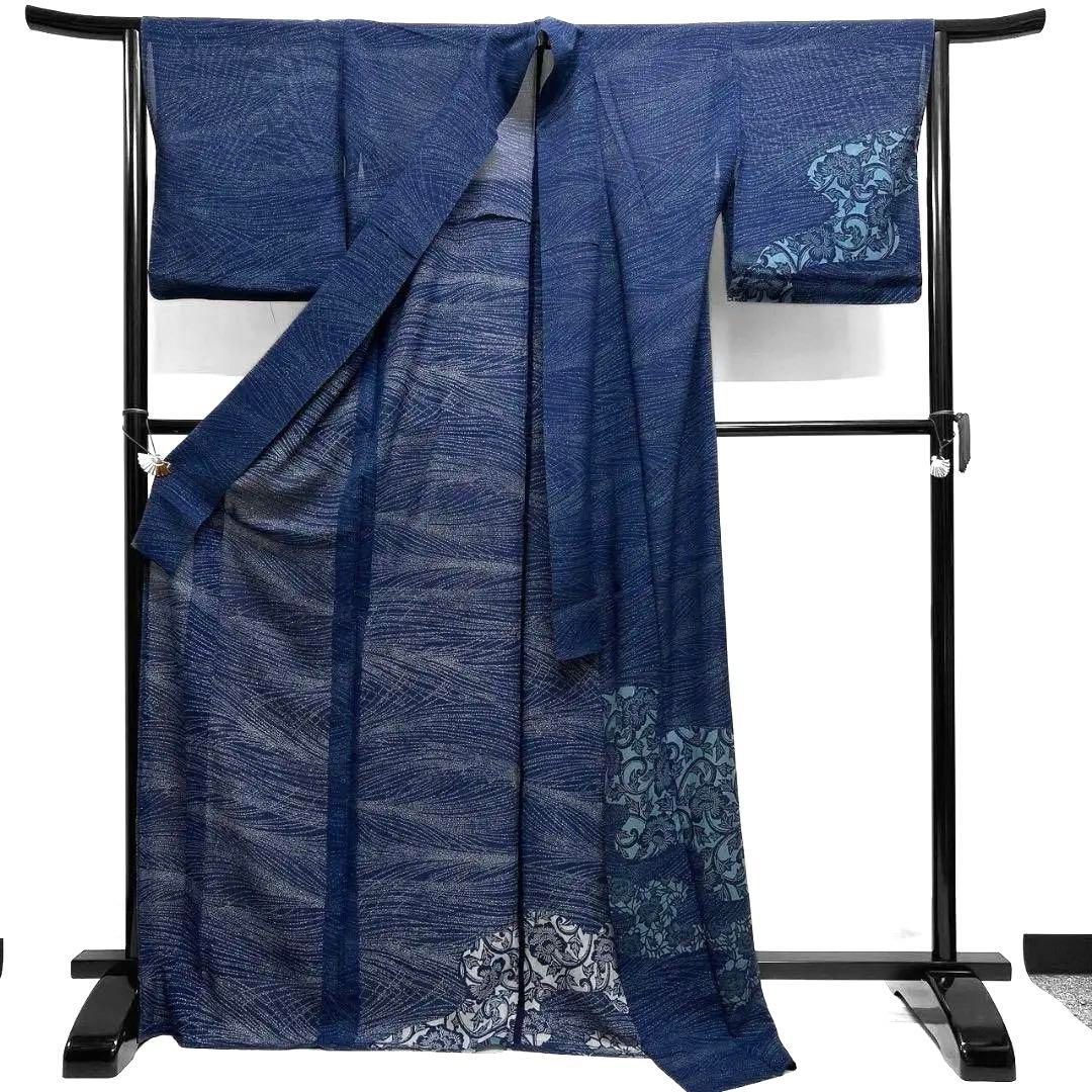 夏用 絽 藍染 流線 唐花模様 付け下げ 着物 035a p - メルカリ 夏用 絽 藍染 流線 唐花模様 付け下げ 着物 035a p - メルカリ