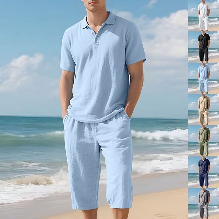 上下セット メンズ 夏 セットアップ 麻混紡 ポロシャツ 半袖 ハーフパンツ ウエストゴム 紐 ボトムス 無地 大きいサイズ ルームウエア 部屋着 ゆったり カジュアル おしゃれ シンプル ギフト 通気性 IDAW 935