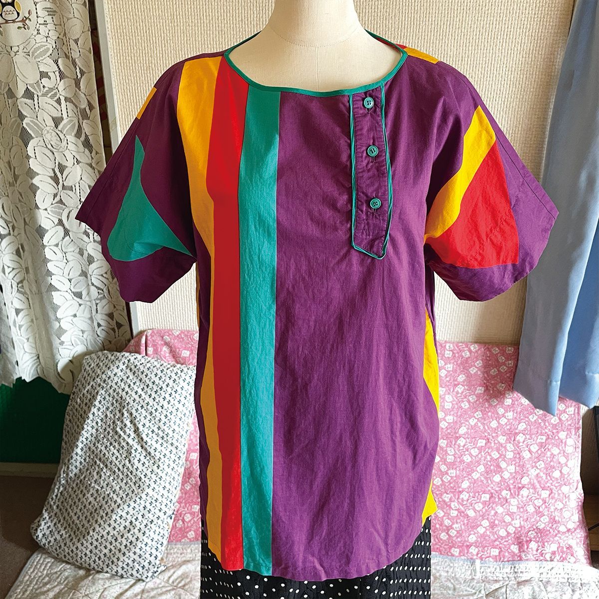70s パープル 国旗風 半袖綿ブラウス 昭和レトロヴィンテージ古着 
