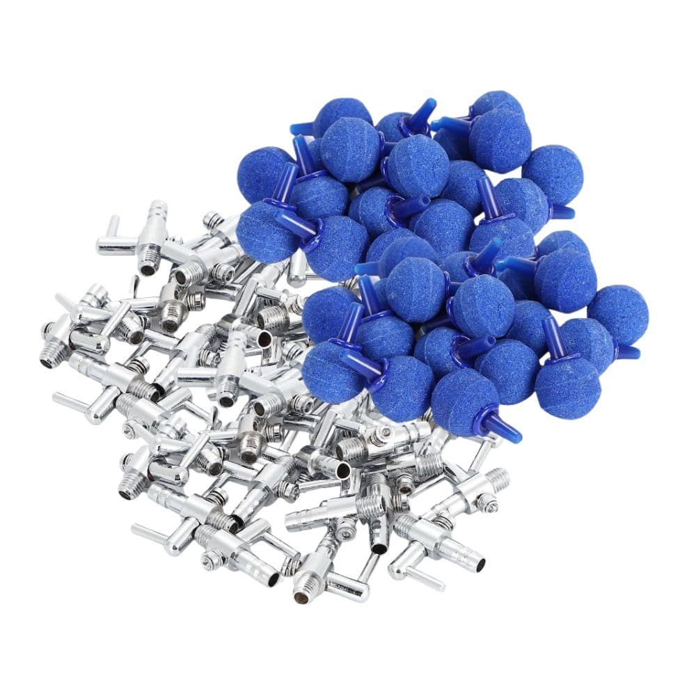 水槽 便利 セット 一方コック ストーン チューブ 分岐 調整 水 エアー 酸素 空気 バブル 気泡 屋内 屋外 50個/50個 / 青 (円) / 内径 4mm 用 [ブルー (円型)] [50x50セット]