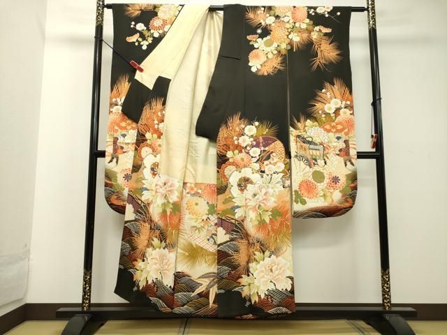 地紋煌めく地に、艶やかに百合の花が咲く、美しい正絹アンティークの振り袖です 平和屋着物○アンティーク 大正ロマン 振袖 駒刺繍 草花笹松文