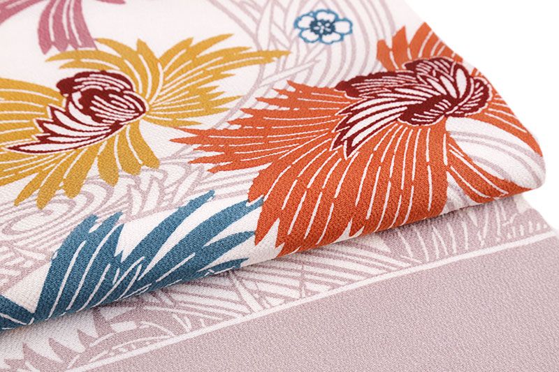 紅型染 名古屋帯 栗山吉三郎 未使用 白 正絹 渋ピンク 菊 流水 桜 九寸