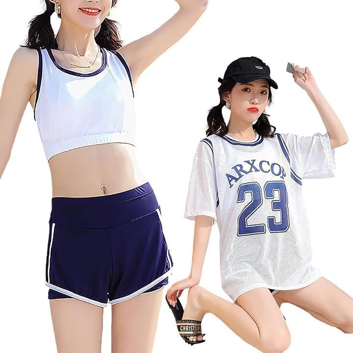 新品MORY TRADE morytrade レディース水着 3点セット アウタートップス付き(ブルーナンバー Free Size)