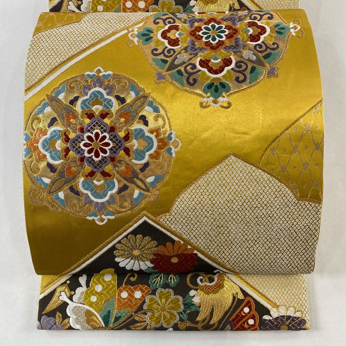 袋帯 美品 秀品 東海道 風景 金糸 箔 山吹茶色 お太鼓柄 正絹 【中古】