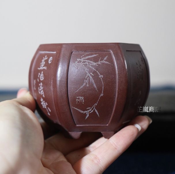 中国宜興 六角形灯窓面鉢 紫砂鉢 盆栽鉢 植木鉢 小品盆栽鉢