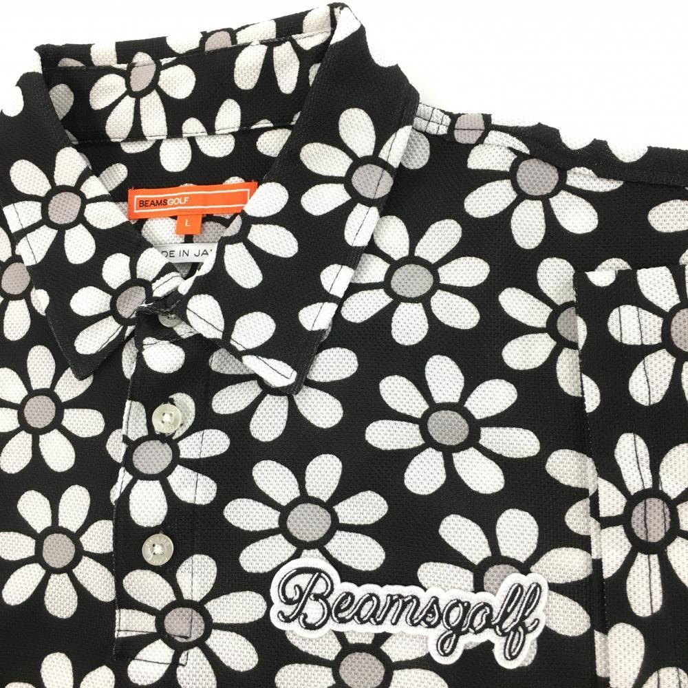 超美品】ビームスゴルフ 半袖ポロシャツ 黒×白 花柄 胸元ロゴ