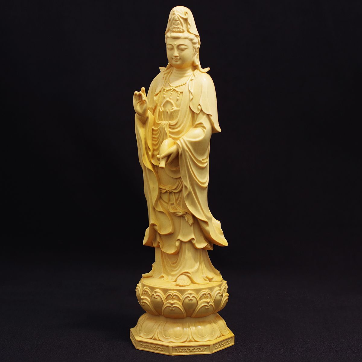 【HAMMARS】 観音菩薩立像 20cm 天然木製 (柘植ツゲ) 観音像 木彫仏像