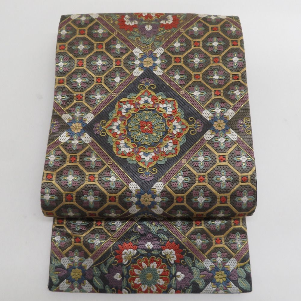 袋帯 正絹 総絽刺し 刺繍 全通柄 菱型に華文 金糸 茶色ｘ金色ｘ緑色ｘ多色 フォーマル 礼装 長さ440cm