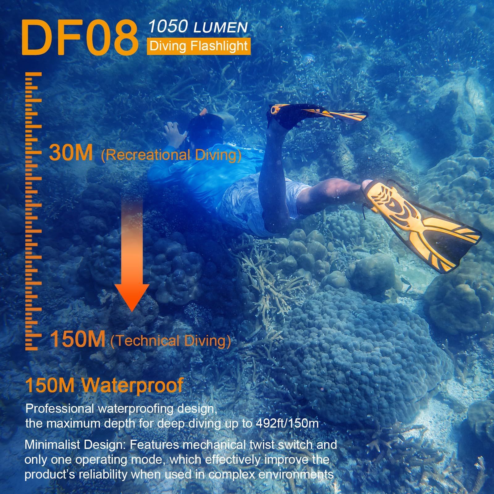 人気商品 明るい U4 LED 1050ルーメン 水中ライト IPX-8防水 水中150M ダイビングライト 120°ワイドビーム 1つ点灯モード DF08 ダイビング ナイトダイビング スキューバダイビング SecurityIng 単二型電池|18650| WHITEMONARCHHOTEL_COM