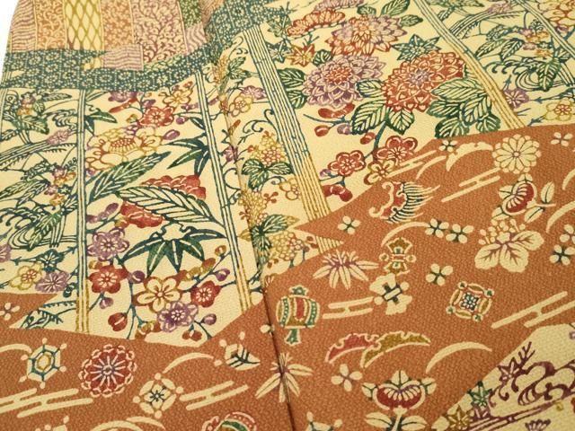 平和屋着物□訪問着 型染め 吉祥花鳥文 鬼しぼ縮緬 正絹 逸品  