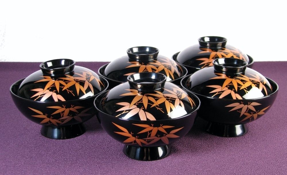 輪島塗 塩安製 笹蒔絵吸物椀5客 幅 12cm 共箱 栞付 25j019