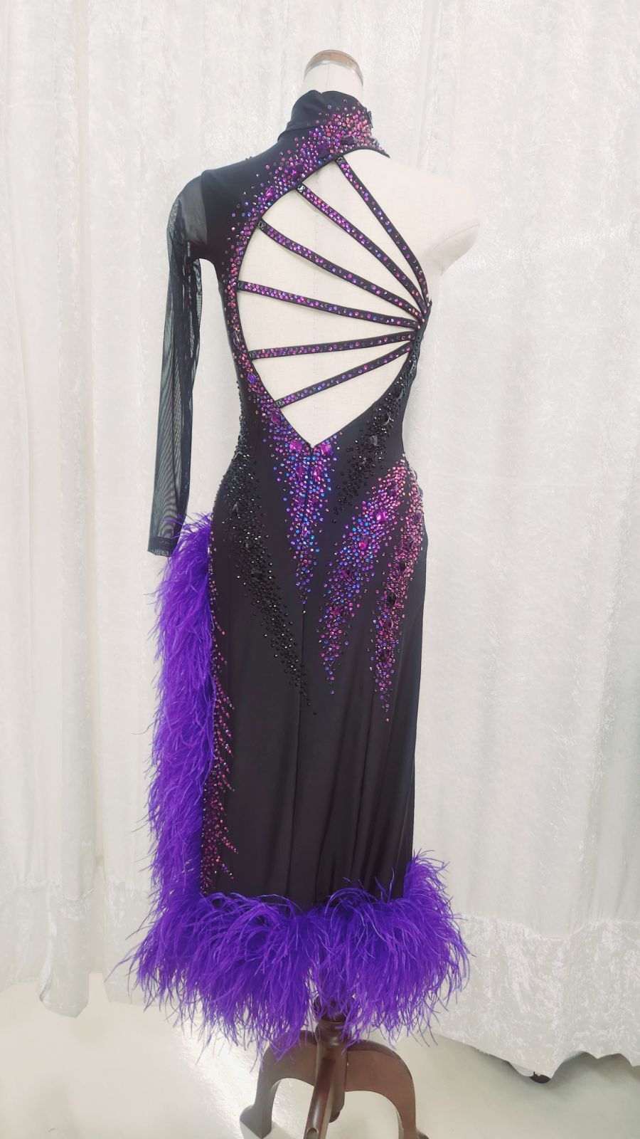 白樺ドレス ラテンドレス 青色 紫色 社交ダンススタンダードドレス