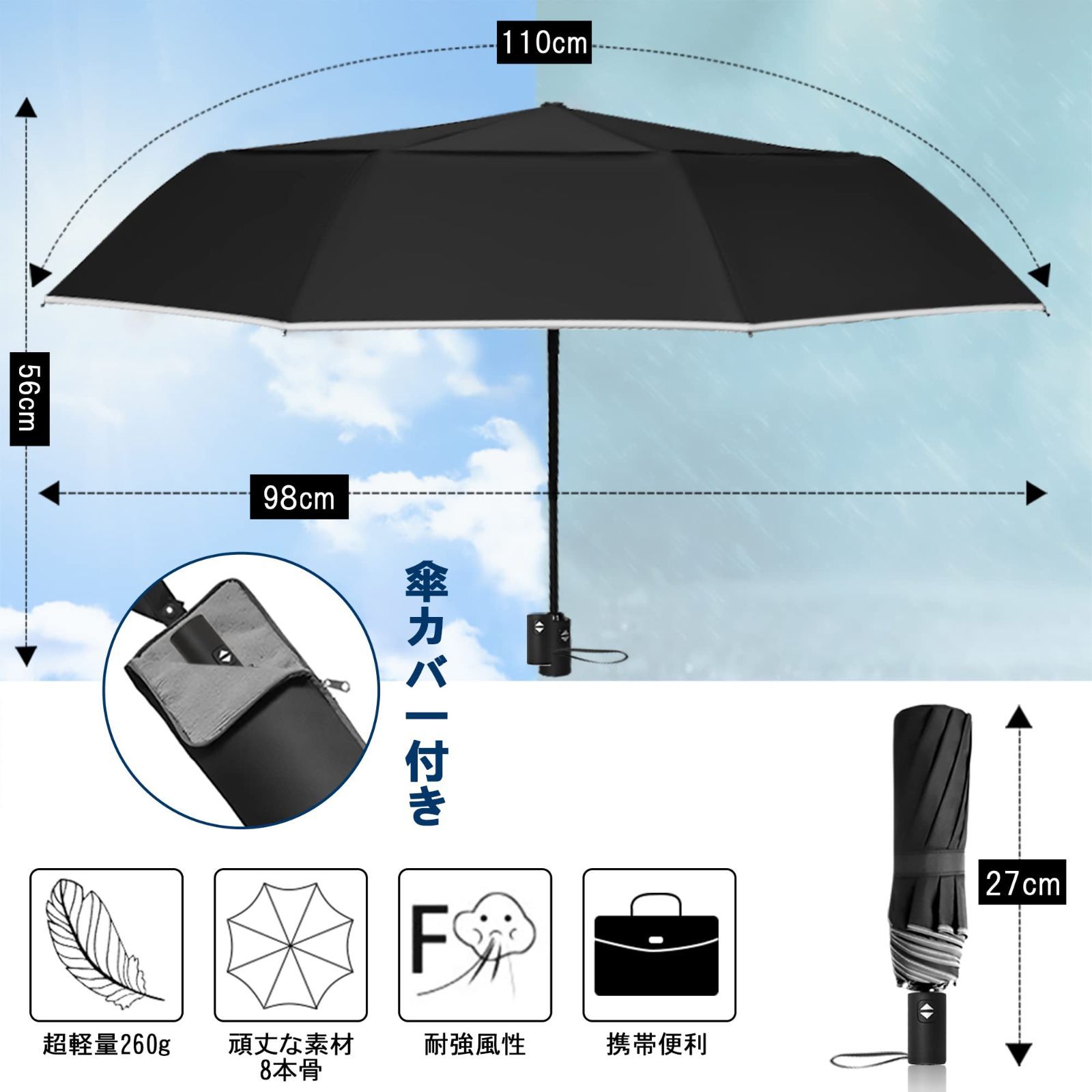 高速配送 折り畳み傘ワンタッチ自動 カバー付き ブラック 2