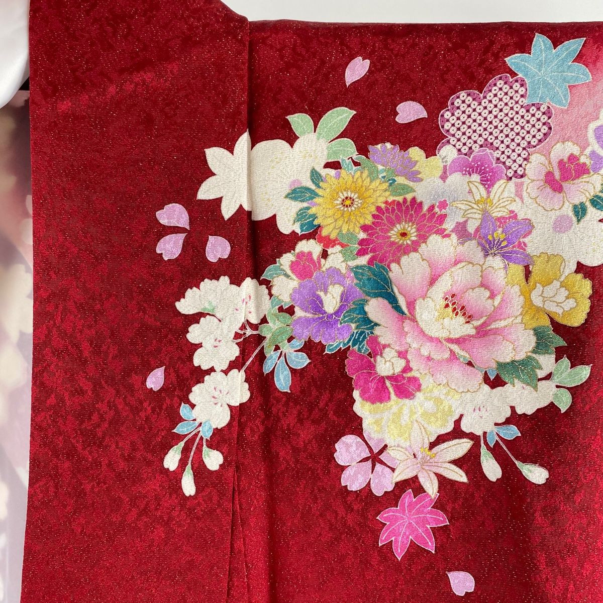 在庫一掃】 振袖 身丈164cm 裄丈66cm M 袷 鞠 草花 金通し 金糸 赤  