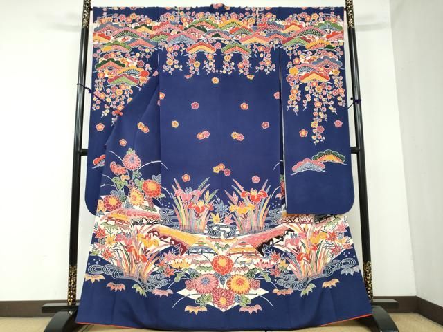 平和屋着物 和染紅型 栗山紅型 栗山吉三郎 振袖 型染め 風景草花文 正絹 DAAY5459ud