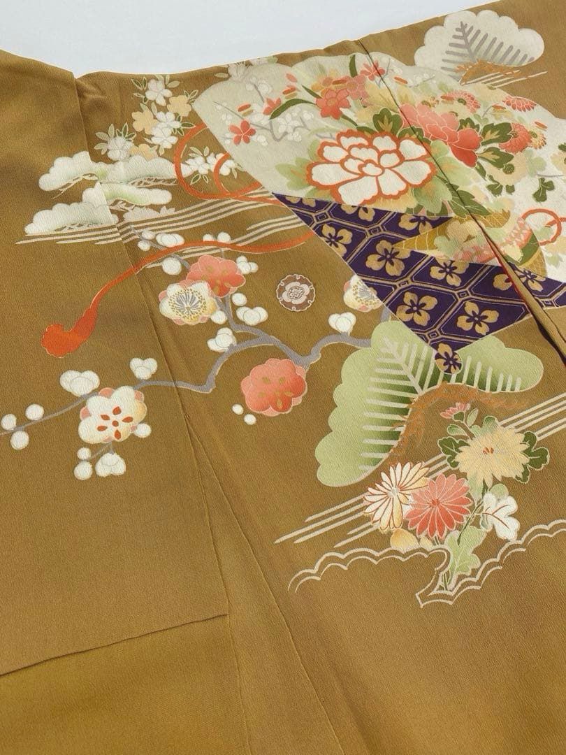 アンティーク 振袖 金駒 刺繍 松 梅 扇 正絹 身丈159cm 紋付 アンティーク 振袖 金駒 刺繍 松 梅 扇 正絹 身丈159cm 紋付