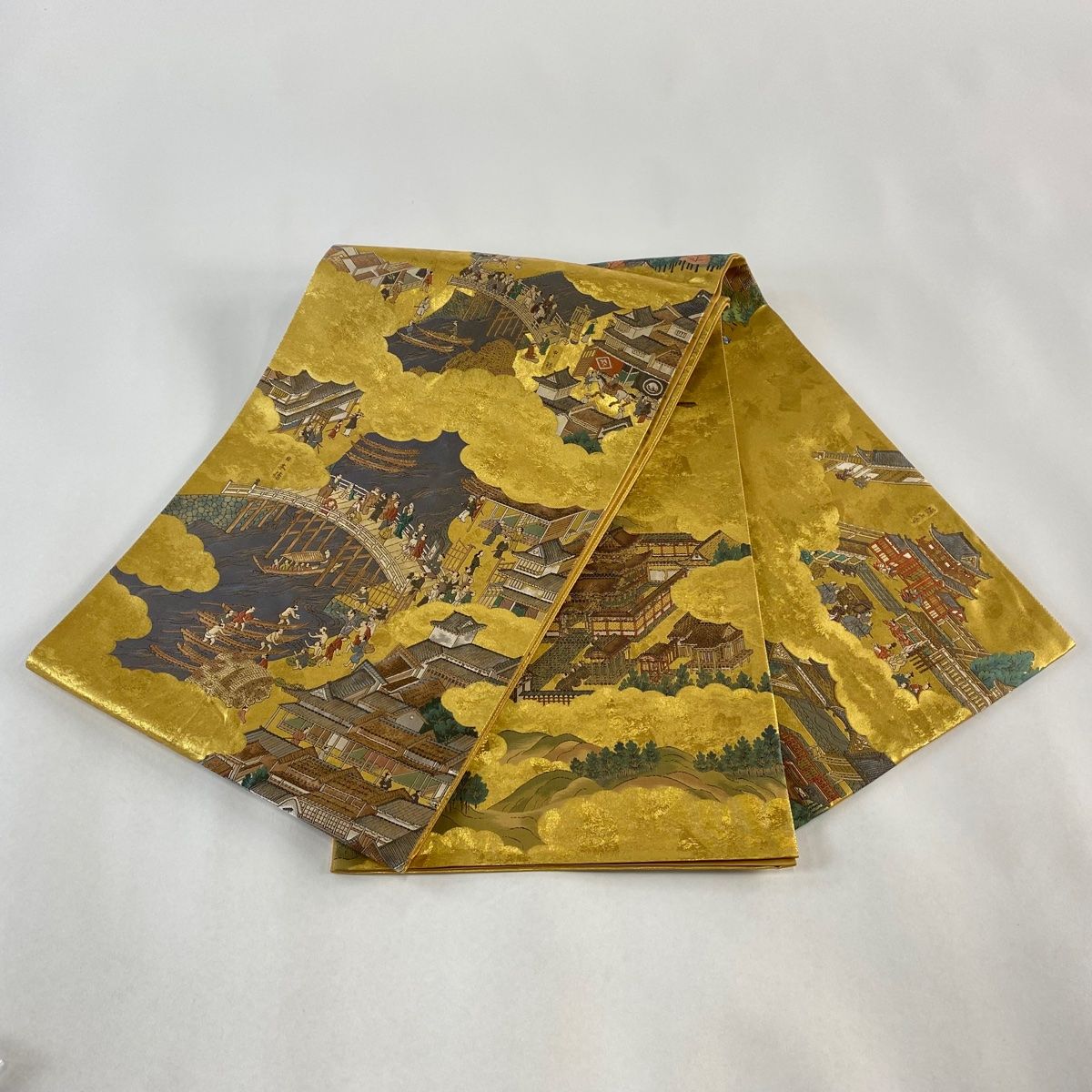 H-589 袋帯 正絹 お太鼓柄 金糸 鶴 松 佐賀錦 袋帯 美品 秀品 江戸名所屏風図 箔 金糸 金色 お太鼓柄 正絹