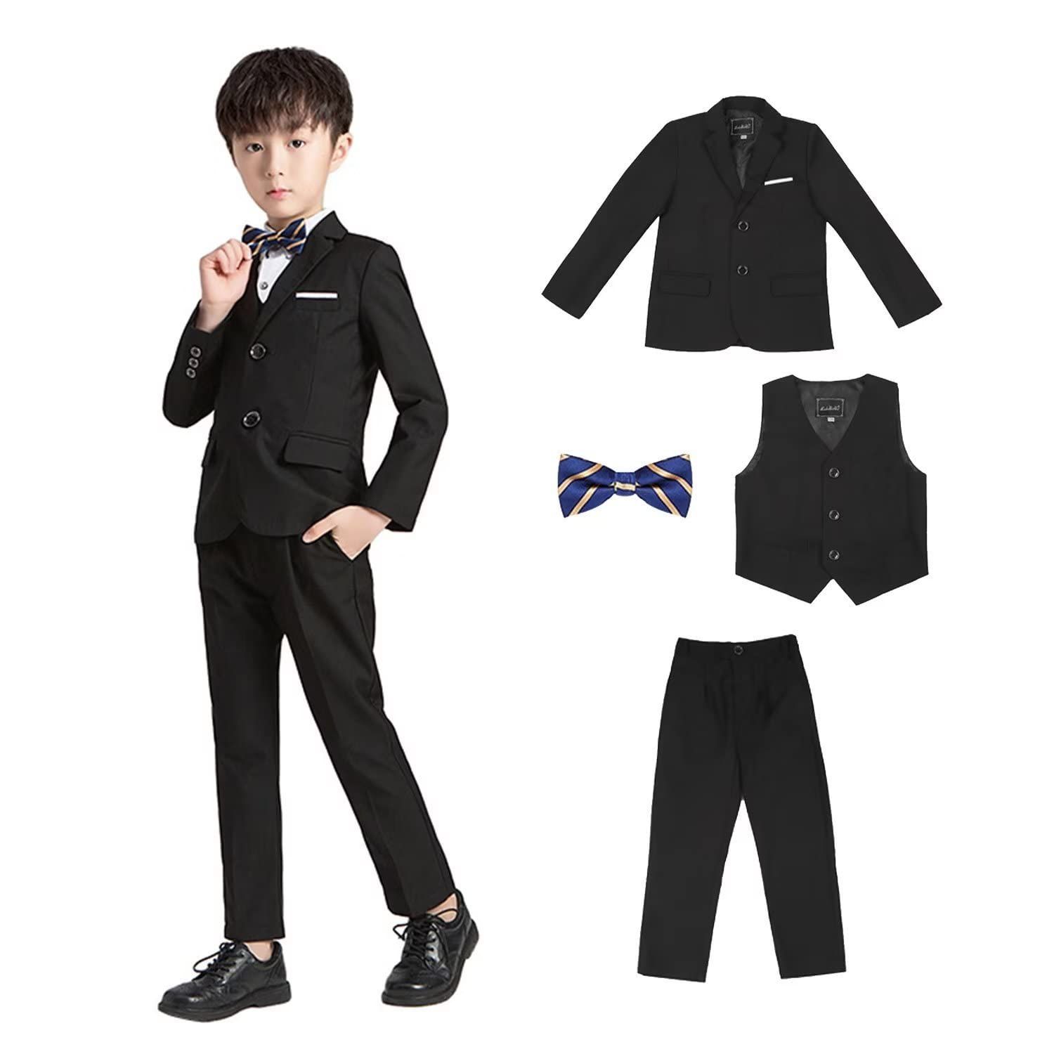 140_ブラック（無地） [WEEN CHARM] スーツ キッズ 男の子 無地 長袖 ボーイズ 4ピース フォーマル 発表会 結婚式 入園式 入学式 卒業式 七五三 子供服 90~150 ブラック（4点セット）/140