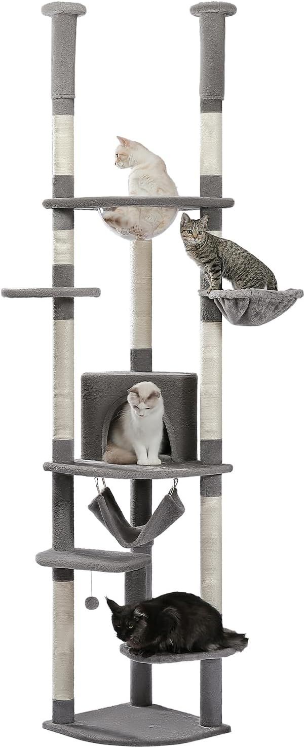 PETEPELA(ぺテぺラ) キャットタワー 突っ張り スリム ツッパリ 猫タワー 省スペース 透明 宇宙船ハンモック おもちゃ 麻紐 爪とぎ 運動不足解消 多頭飼い - グレー 高さ調整幅236-258cm