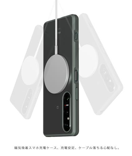 【匿名配送】カーキグリーン(マグネット搭載) For Xperia1 V ケース SO-51D SOG10ケース 用 ケース 半透明 マグネット搭載 耐衝撃 マ
