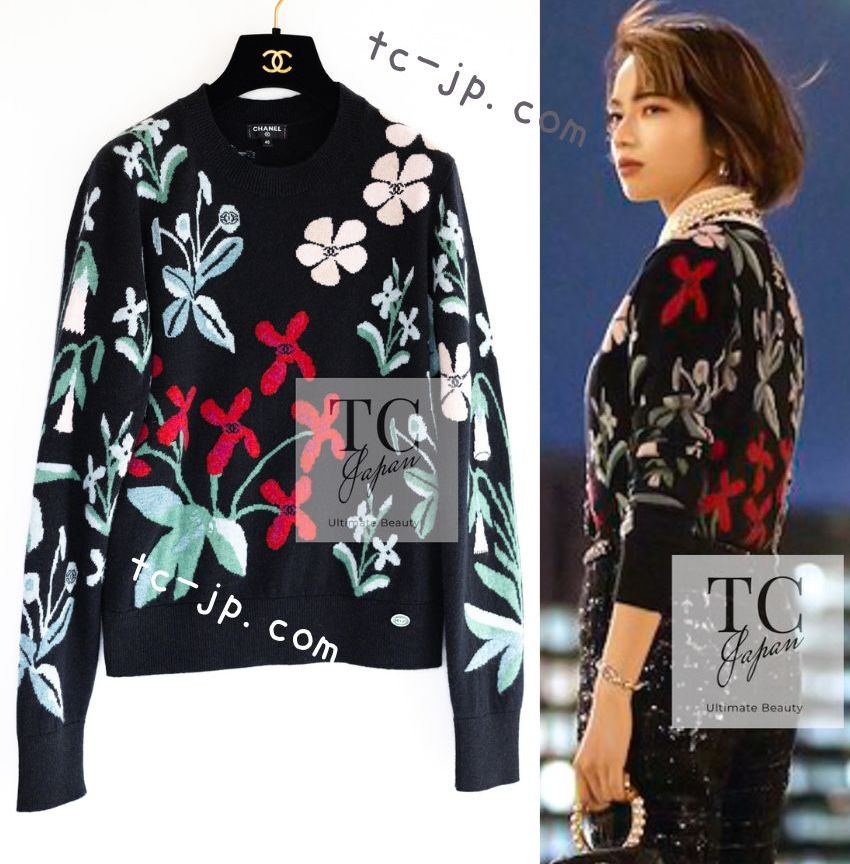 シャネル セーター CHANEL 21PF 32万 ブラック 2021 花柄 極上やわらか ふんわり カシミア100% ニット トップス 女優着用 新品同様 38 シャネル セーター CHANEL 21PF 32万 ブラック 2021 花柄 極上やわらか