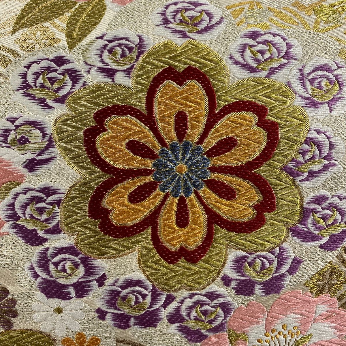 袋帯 秀品 振袖向き 桜 七宝 金糸 唐織 ベージュ 六通 正絹
