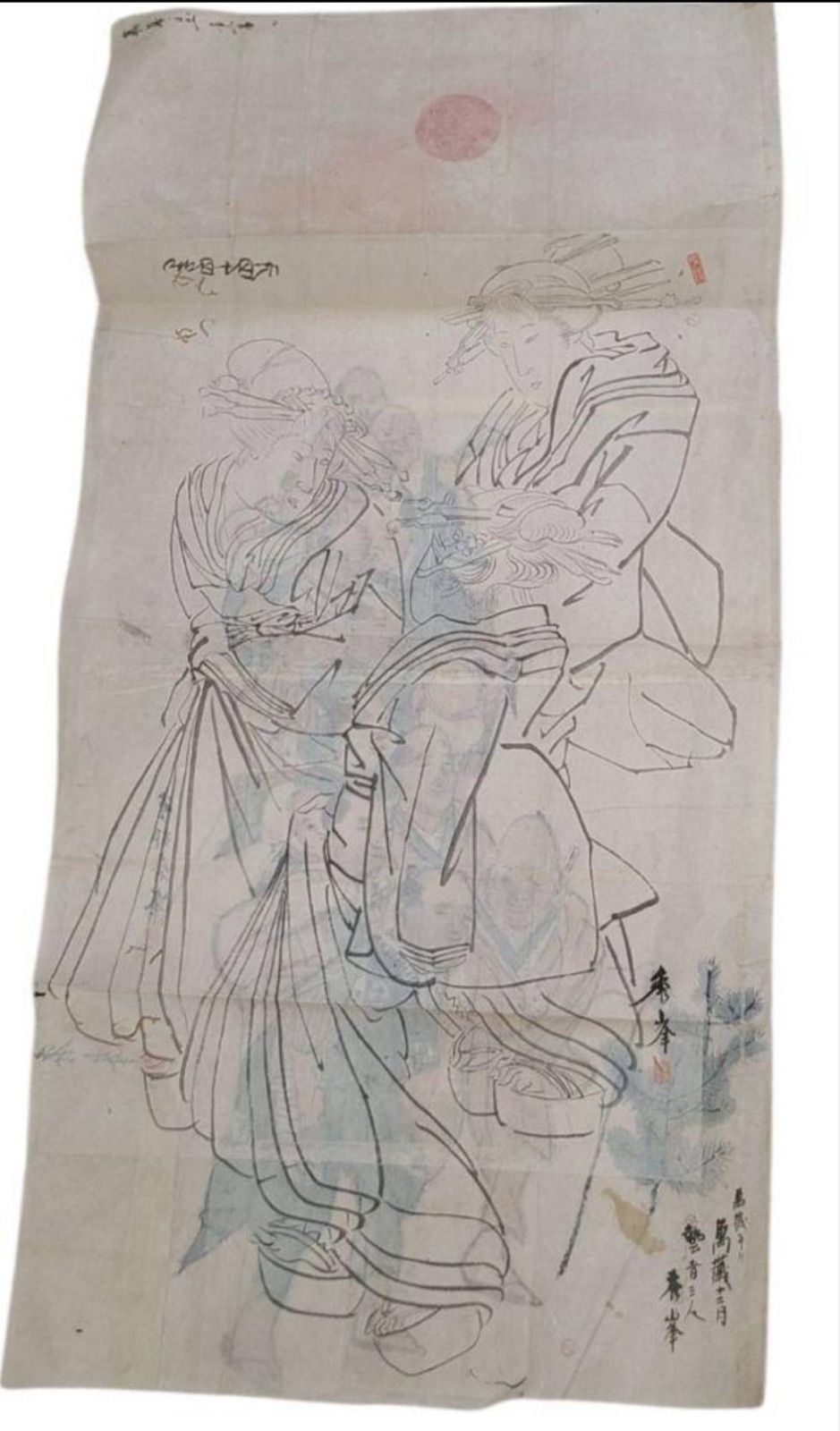 戦前 肉筆粉本 秀峰銘 万歳図 三芸者図 水墨画 日本画 歴史資料