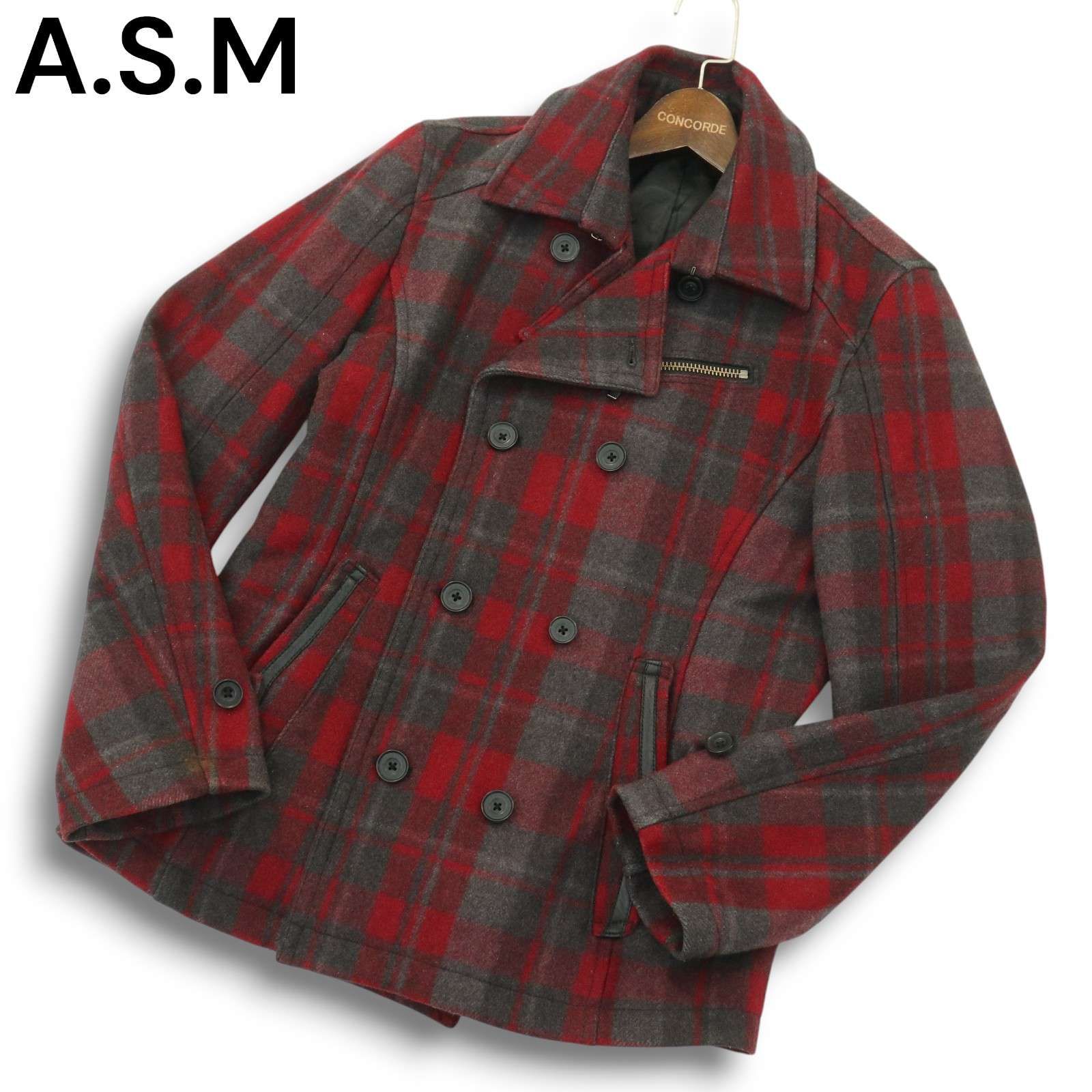A.S.M アトリエサブ メン 秋冬 メルトン ウール☆ チェック Pコート Sz A.S.M アトリエサブ メン 秋冬 メルトン ウール☆ チェック Pコート Sz