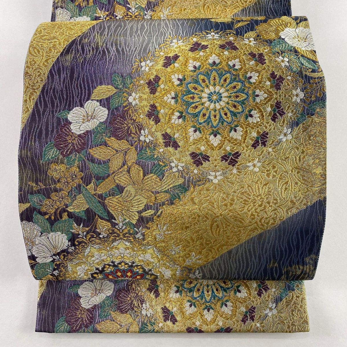 袋帯 美品 名品 華文 草花 金銀糸 箔 青紫 六通 正絹 【中古 