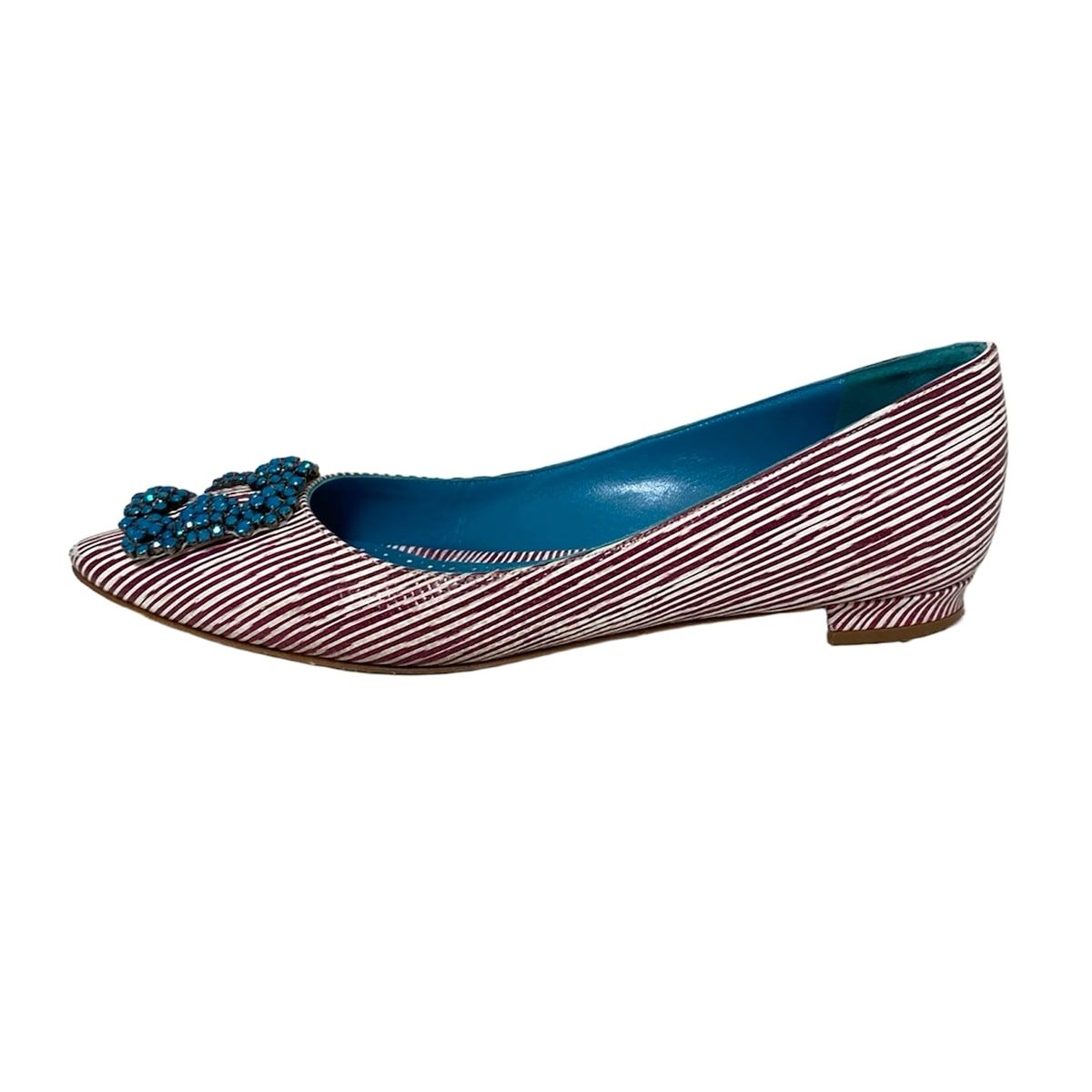 MANOLO BLAHNIK マノロブラニク フラットシューズ 36 1|2 レディース レッド×白 ストライプ|ビジュー レザー