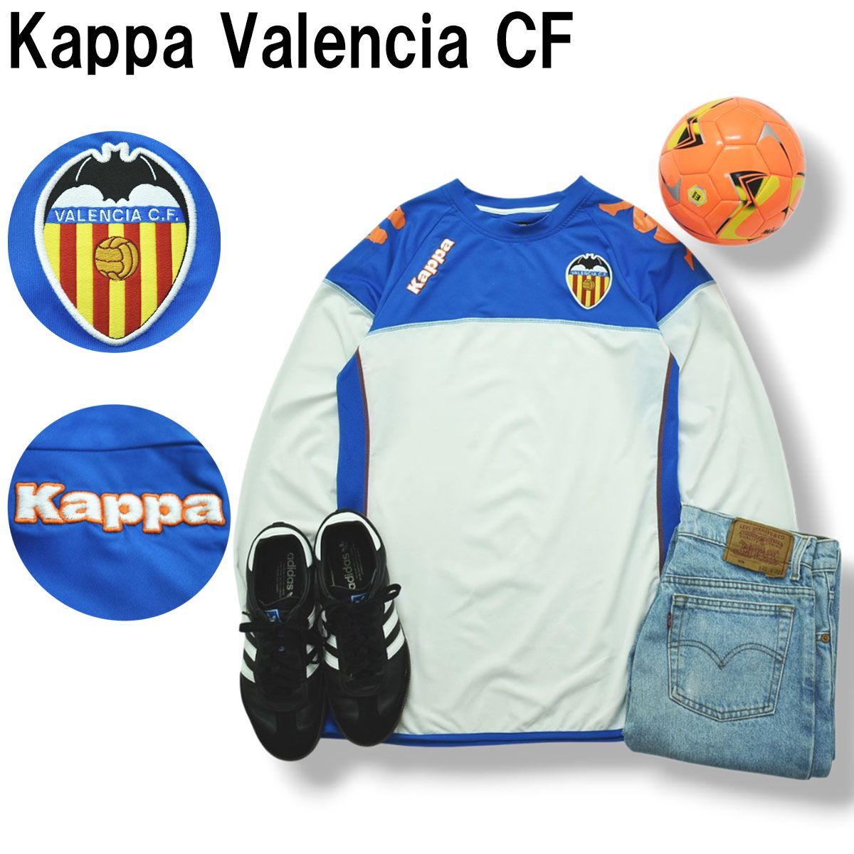 カッパ Kappa バレンシア Valencia CF L S 長袖 ゲーム シャツ トレーニング ラグランスリーブ M ホワイト x ブルー x オレンジ サッカー フットボール ウェア メンズ