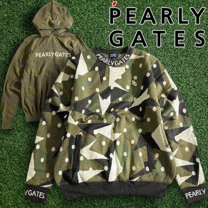 パーリーゲイツ ゴルフ カシミヤタッチ DiAPLEX カモドット柄 ボーダー柄 ストレッチ 2way 長袖 ツインニット プルオーバー セーター インナーニット付き ゴルフウェア 053-2270103 定価5.1万 4 ▲057 50207w04