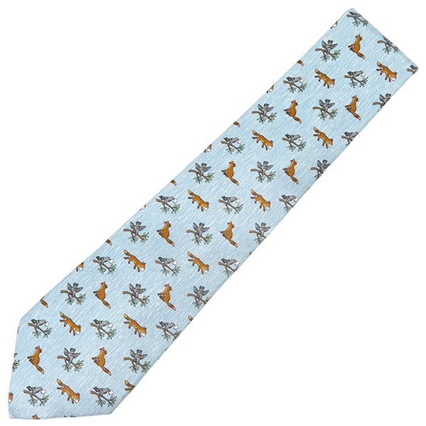 エルメス HERMES ネクタイ トリとキツネ 9cm シルク ライトブルー×マルチカラー 水色 鳥 狐 【中古】