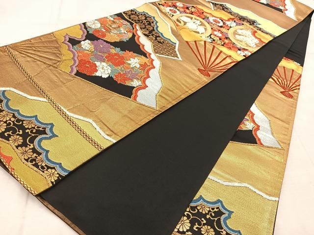 平和屋着物◎六通柄袋帯 唐織 扇面花文 黒地 金銀糸 正絹 逸品