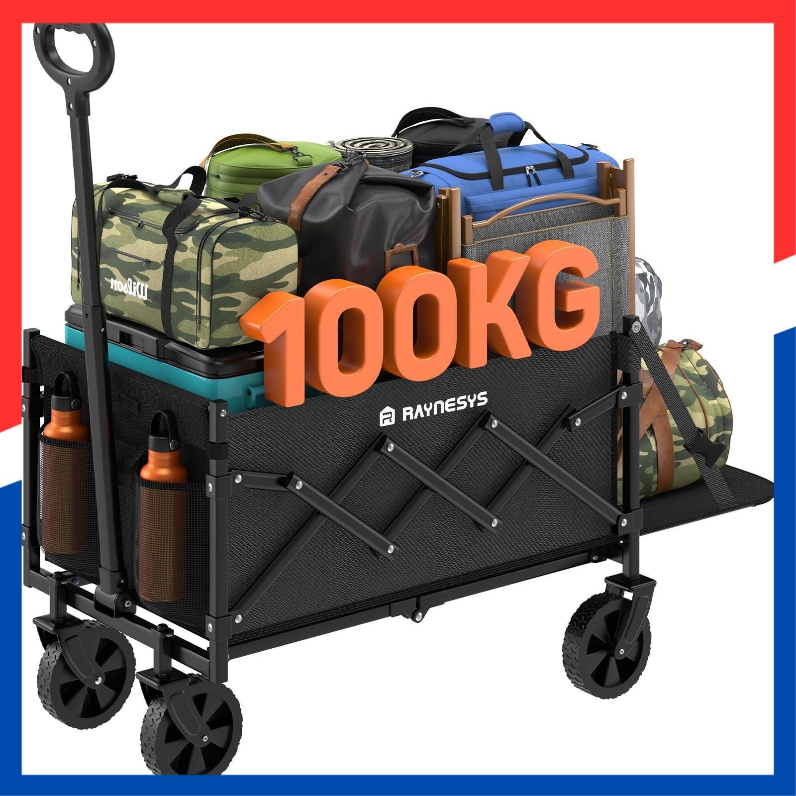 商品 2025新登場 後部展開可 長物対応 ミニ 超軽量5.7kg 高耐荷重100kg 容量65L-90L キャリーワゴン キャンプカート アウトドアワゴン 折り畳み式 持ち運び便利 コンパクト Raynesys 自立収納 静音 多地形対応 キャン