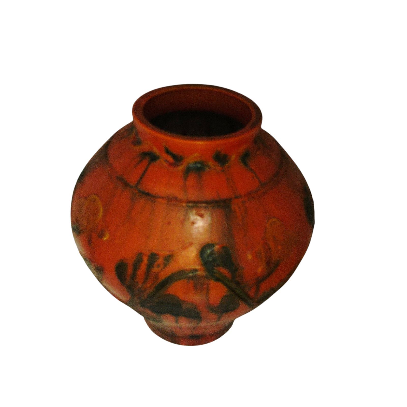 X09034 壺 つぼ 正文 陶磁器 花瓶 赤色 オレンジ 草花模様 インテリア