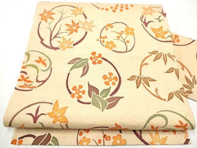 平和屋着物●九寸名古屋帯 型染め 紬地 草花丸文 正絹 逸品 CAAX7239hy